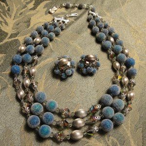 Vintage Fabiola Necklace Earrings Blue Sugar Frosted Beads AB Silver Tone